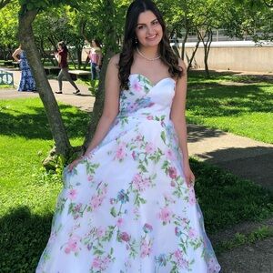 Elegant strapless floral prom gown